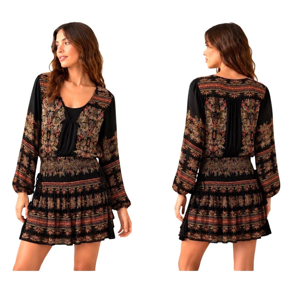 Free People Black Boho Printed Smocked Mini Dress Small
